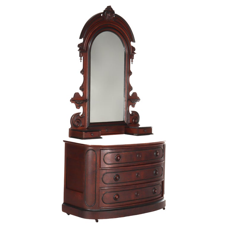 Antique Berkey & Gay School Victorian Walnut & Marble Dresser With Ebonized Trim