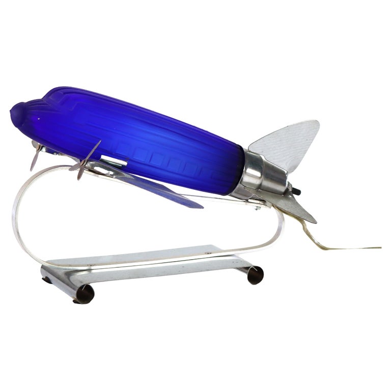 Vintage Chrome & Cobalt Blue Art Deco DC-3 Airplane Table Lamp C1977