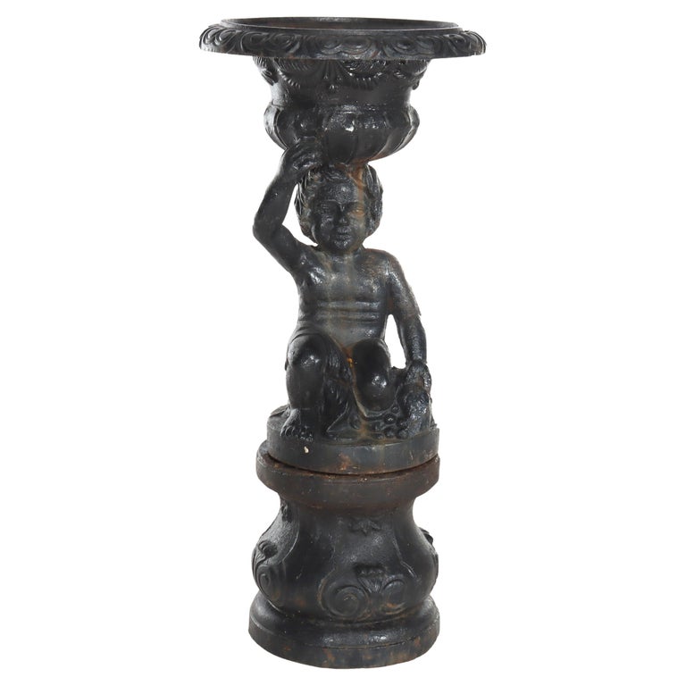 Antique Neoclassical Cast Iron Figural Cherub Garden Urn C1890