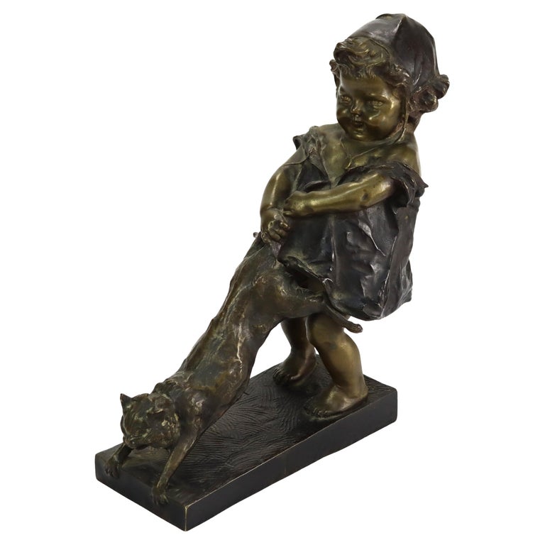 Antique Juan Clara 1st Edition Bronze Figure “Toddler With Cat” Signed c1900