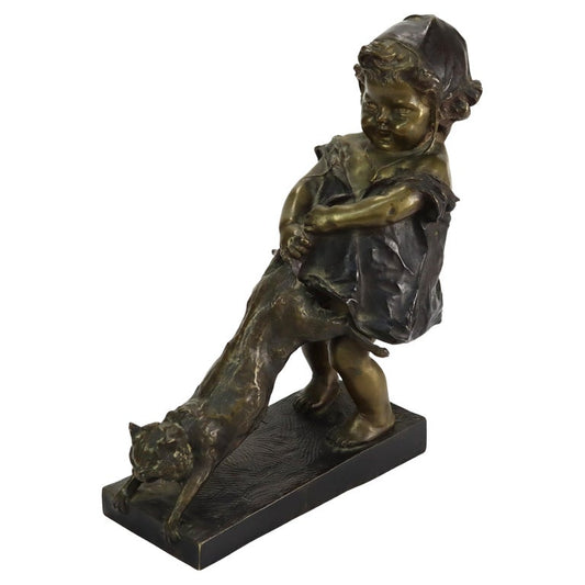 Antique Juan Clara 1st Edition Bronze Figure “Toddler With Cat” Signed c1900