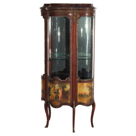 Antique French Mahogany & Ormolu Vitrine With Vernis Martin Panels c1890