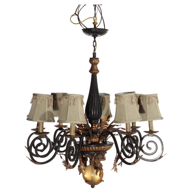 Vintage French Louis XIV Style Figural Cherub Gilt & Ebonized Chandelier c1940