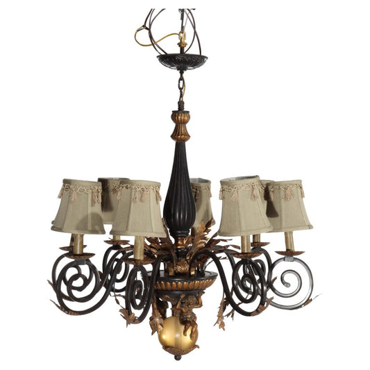 Vintage French Louis XIV Style Figural Cherub Gilt & Ebonized Chandelier c1940