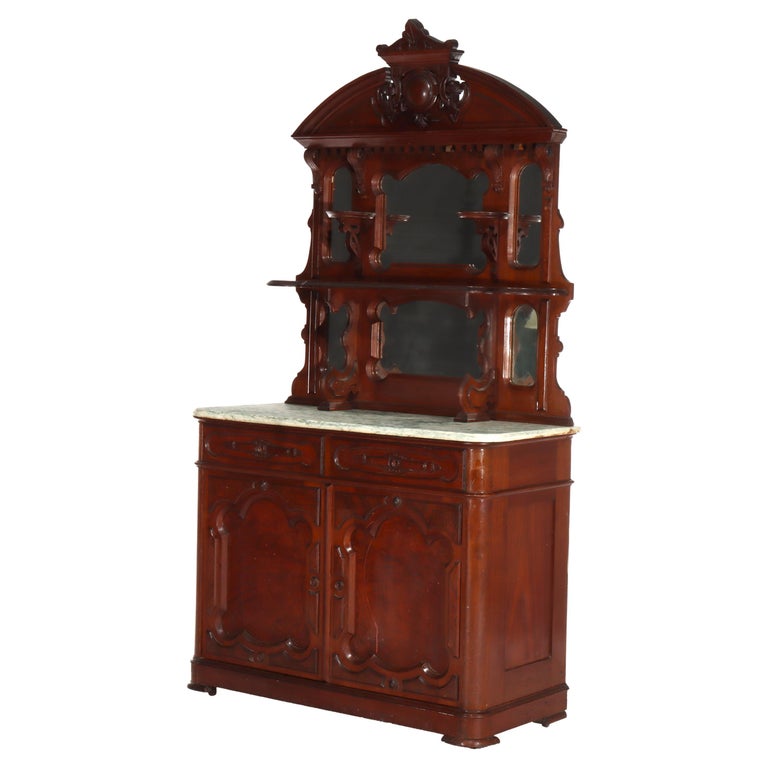 Large Antique Renaissance Revival Walnut, Burl & Marble Mirrored Sideboard c1890