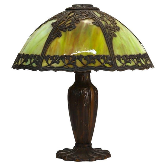 Antique Bradley & Hubbard School 6-Panel Slag Glass Lamp With Floral Motif c1920