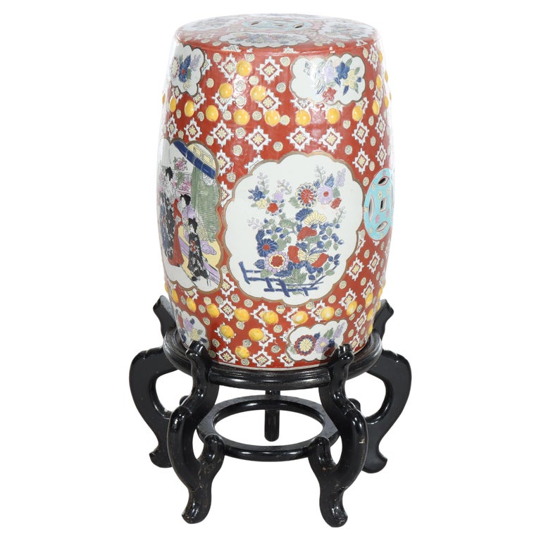 Vintage Chinese Floral & Genre Scene Pottery Garden Seat With Carved Wood Base