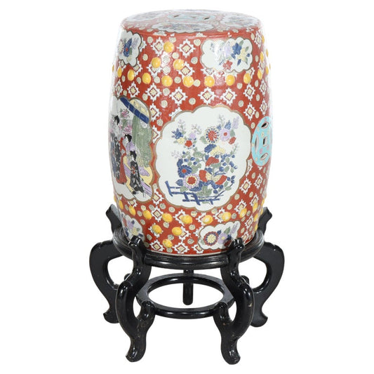Vintage Chinese Floral & Genre Scene Pottery Garden Seat With Carved Wood Base