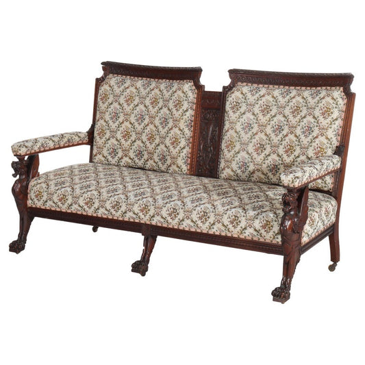 Antique Horner Figural Carved Mahogany Splayed Leg Tapestry & Griffin Sofa c1900