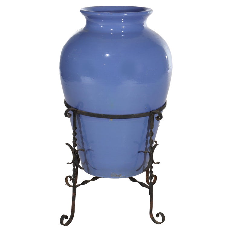 Monumental Antique Arts & Crafts Pottery Oil Jar With Wrought Iron Stand c1920