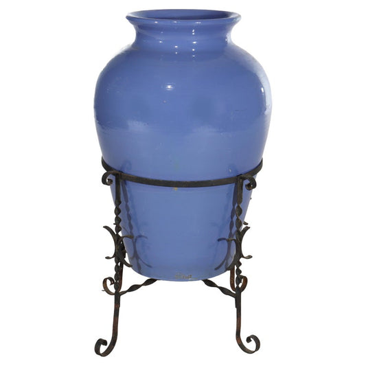 Monumental Antique Arts & Crafts Pottery Oil Jar With Wrought Iron Stand c1920