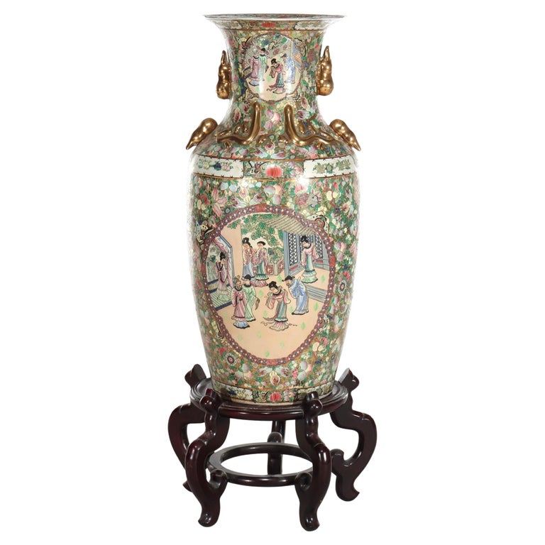 Monumental Vintage Chinese Rose Medallion Vase With Carved Hardwood Base 20thC