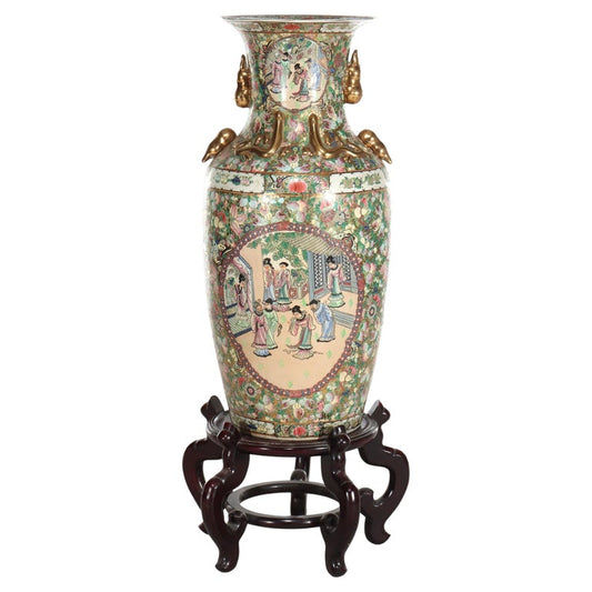 Monumental Vintage Chinese Rose Medallion Vase With Carved Hardwood Base 20thC