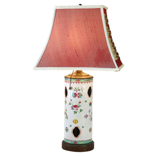 Antique Hand Painted Chinese Cutout Porcelain Wig Stand Table Lamp 19thC