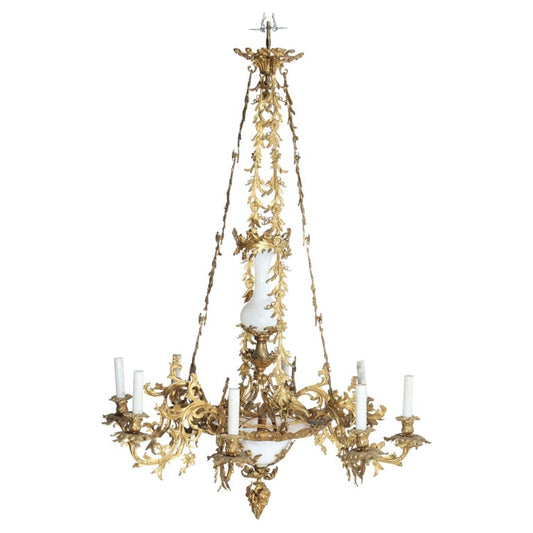 Antique French Louis XIV Gilt Bronze & Opaline Glass Candelabra Chandelier 19thC