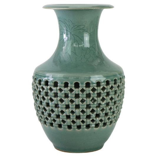 Antique Japanese Reticulated Celadon Pottery Vase Signed C1920