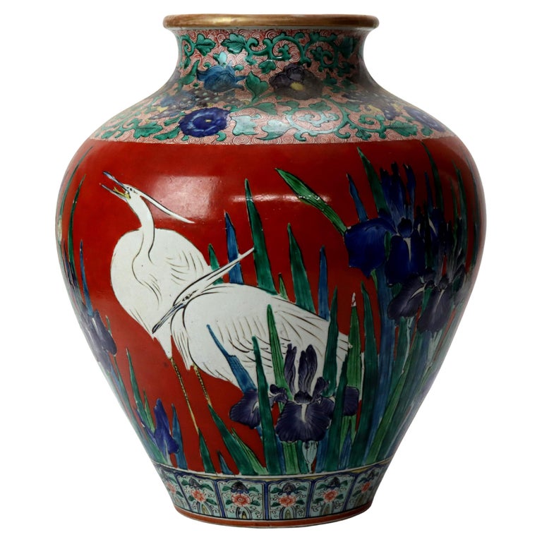 Antique Japanese Meiji Aesthetic Figural & Floral Pottery Vase with Heron c1900