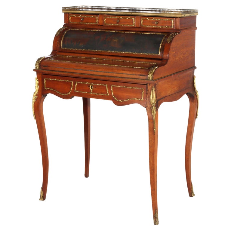 French Vernis Martin Decorated Louis XIV Mahogany & Ormolu Lady’s Roll Top Desk