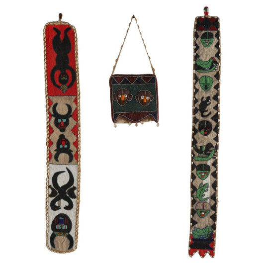 Three Antique Nigerian Yoruba Figural Beaded Items With Shells: 2 Sashes & Bag