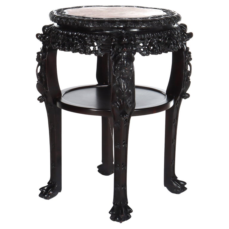 Chinese Floral Carved Rosewood Rouge Marble Top Stand C1910