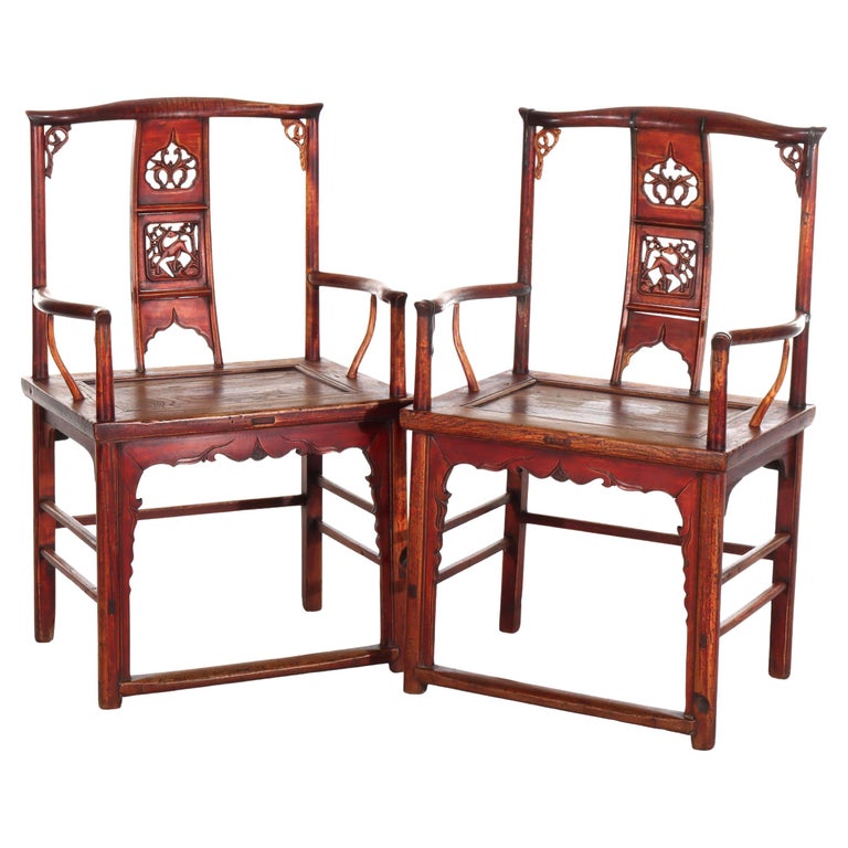 Pr Antique Chinese Qing Dynasty Carved Yew Wood Armchairs With Cutout Stag 19thC