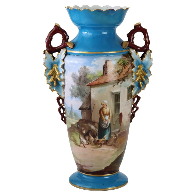 Large Antique Old Paris Porcelain Scenic Vase With Cord Access Lamp Base c1890