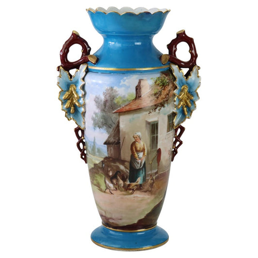 Large Antique Old Paris Porcelain Scenic Vase With Cord Access Lamp Base c1890