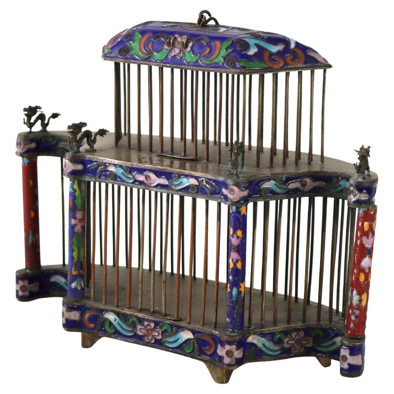 Antique Chinese Floral Cloisonne Enameled Cage With Dragon Finials c1900