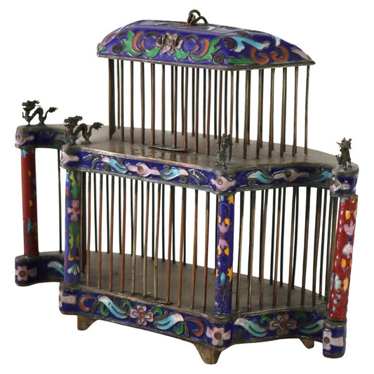 Antique Chinese Floral Cloisonne Enameled Cage With Dragon Finials c1900