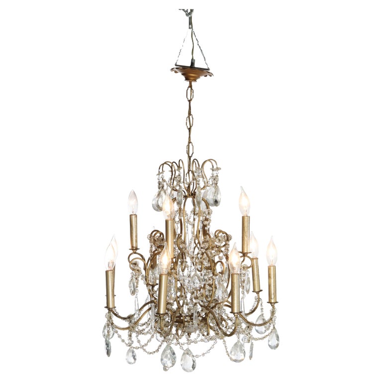 Antique French Louis XIV Style Brass & Crystal 12-Light Teired Chandelier c1930
