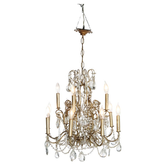Antique French Louis XIV Style Brass & Crystal 12-Light Teired Chandelier c1930