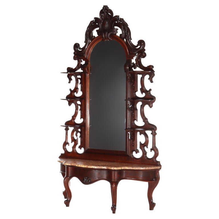 Antique Rococo Revival Carved Walnut Rouge Marble Top Pier Mirror c1890
