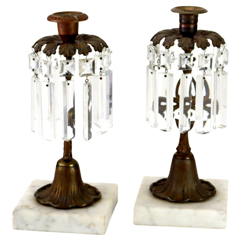 Pair Of Antique Bronze, Marble & Crystal Single Candle Candelabras c1890