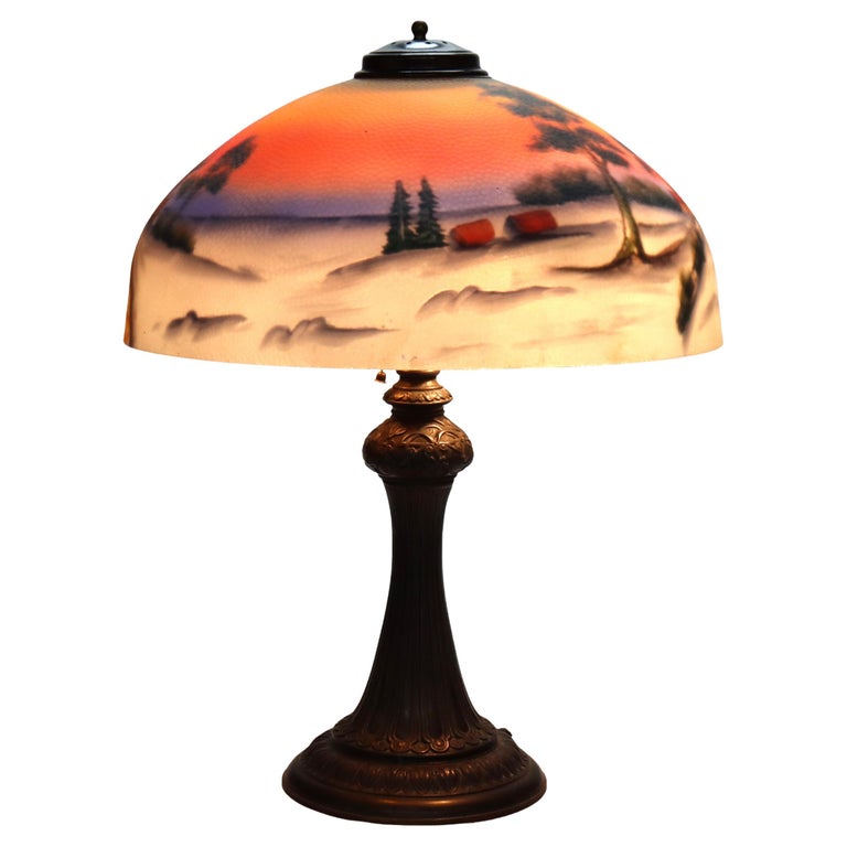 Arts & Crafts Reverse Painted Winter Landscape Lamp, Manner of Jefferson, c1920