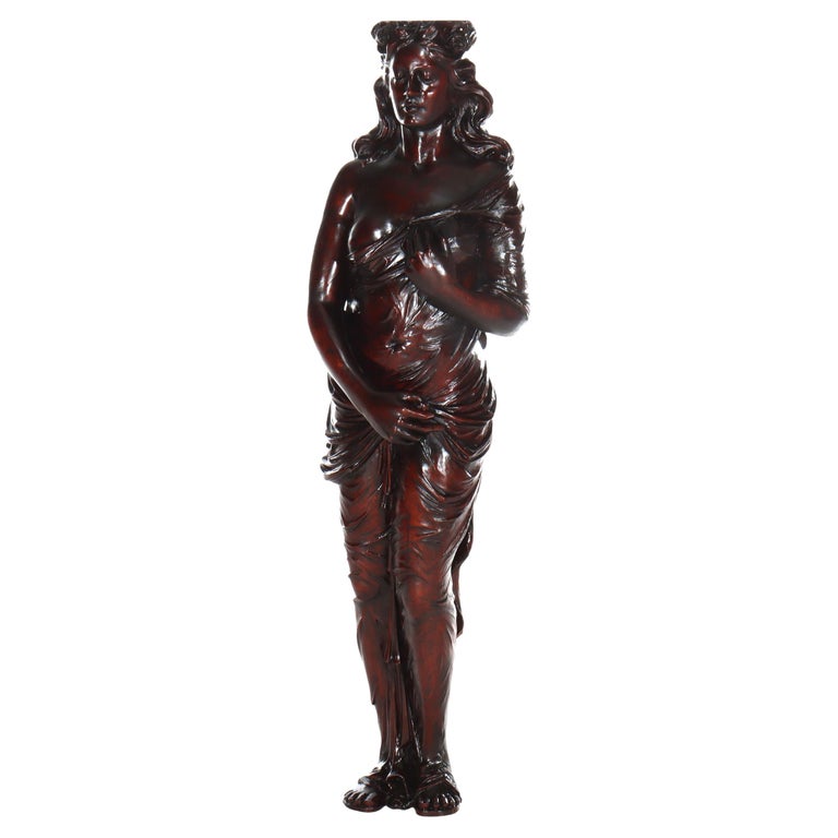 Antique Full Size Carved Mahogany Caryatid Figure Of A Classical Woman c1880