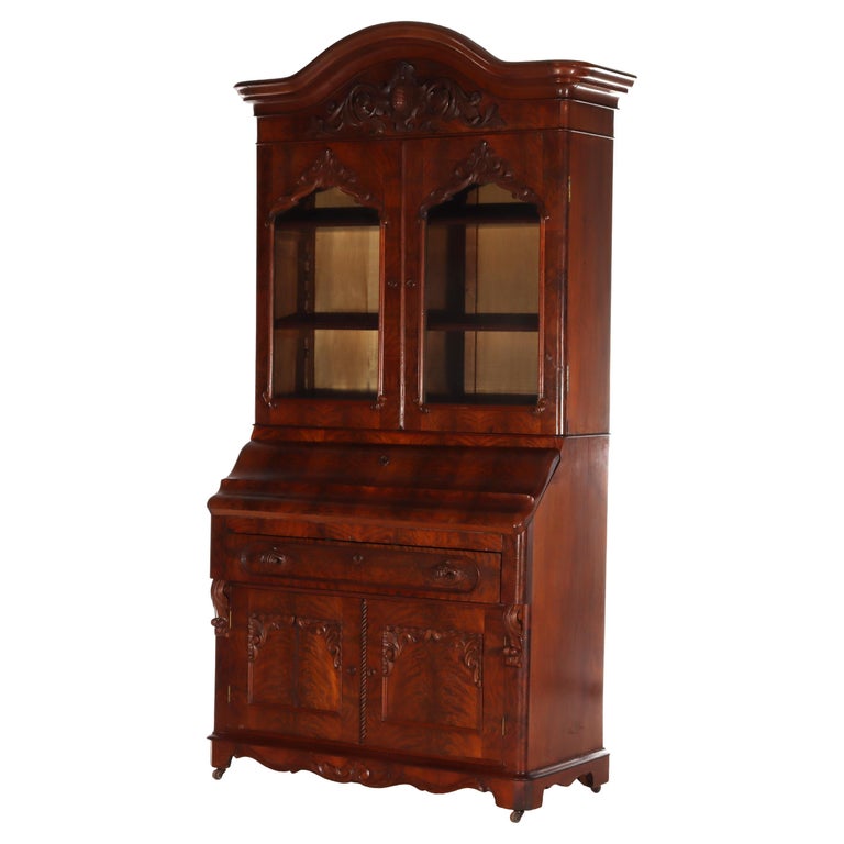 Antique Neoclassical Renaissance Revival Flame Mahogany Drop Front Secretary